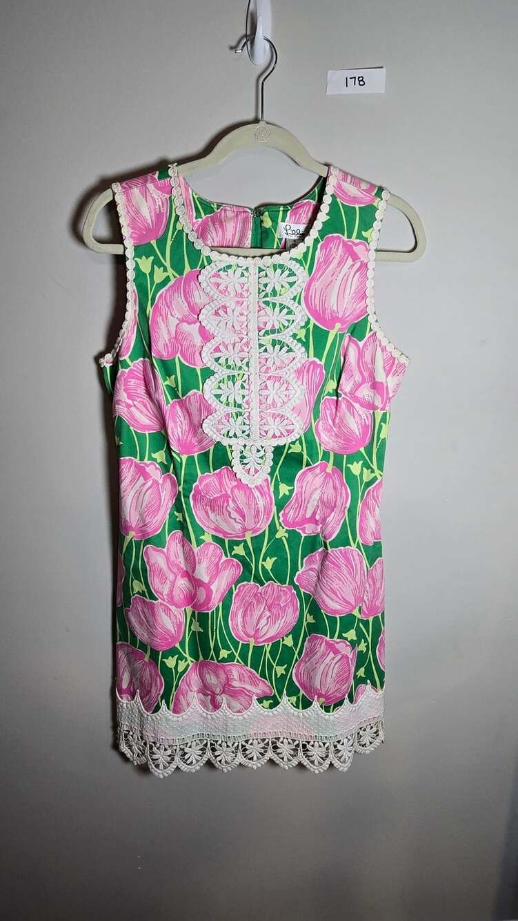 Lilly Pulitzer Tulip Dress Size 10 Green Pink Floral Lace Trim